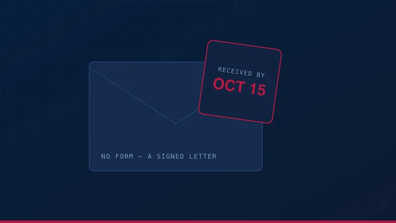 A sealed letter to the IRS carrying a postmark that reads: received by October 15.