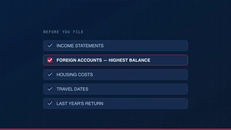 A five-item document checklist with the foreign account balances row highlighted.